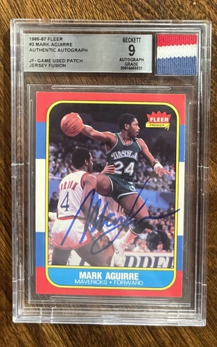 1986 FLEER BASKETBALL #3 MARK AGUIRRE JERSEY FUSION BGS 9 AUTO GU PATCH BOLD ~~