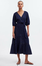 Madewell Tiered Belted Midi Dress Windowpane Navy Size 0 NS139 NEW NWT MSRP $158
