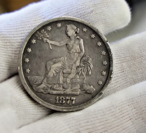1877 US Trade Silver Dollar $1 Fine+ Details (Cleaned)