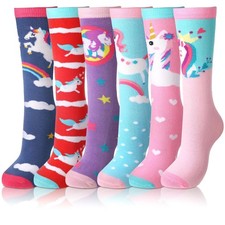Fourluoo 6 Pairs Kids Girls Knee High Socks Cotton 3-7 Years, Unicorn Color