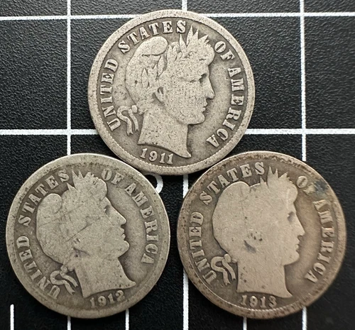 1911-P 1912-P 1913-P Lot of 3 Barber Dime 10C 90% Silver Avg Circulation AG/G