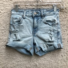 Aeropostale Shorts 0 Adult Blue Denim High Rise Midi Stretch Distressed Womens