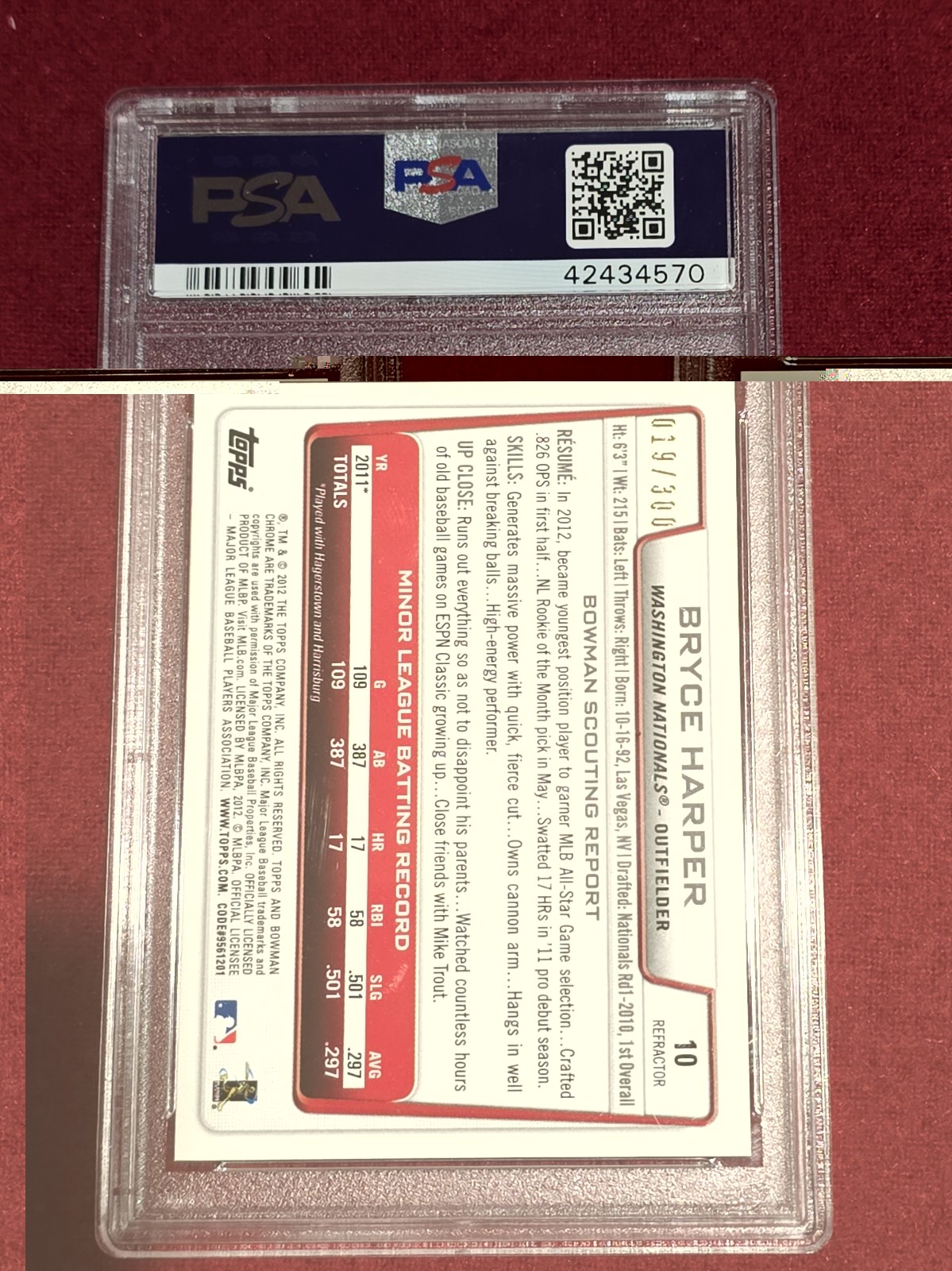2012 Bowman Chrome Bryce Harper Rookie Refractor PSA 10 Out Of 300 view 3