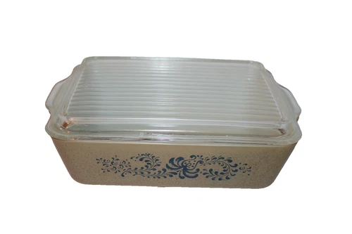 VTG Pyrex Homestead Corning Baking Dish w/ Glass Lid Speckled Tan Blue  503-B,C