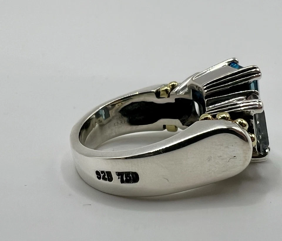 Кольцо из чистого серебра с голубым топазом ледниковой икрой желтое золото 18 карат размер 6 - Изображение 4 из 4