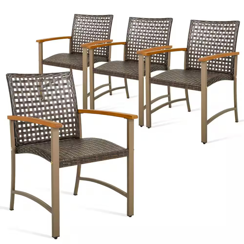 S Wicker Armchairs With Acacia Wood Armrests Mix Brown