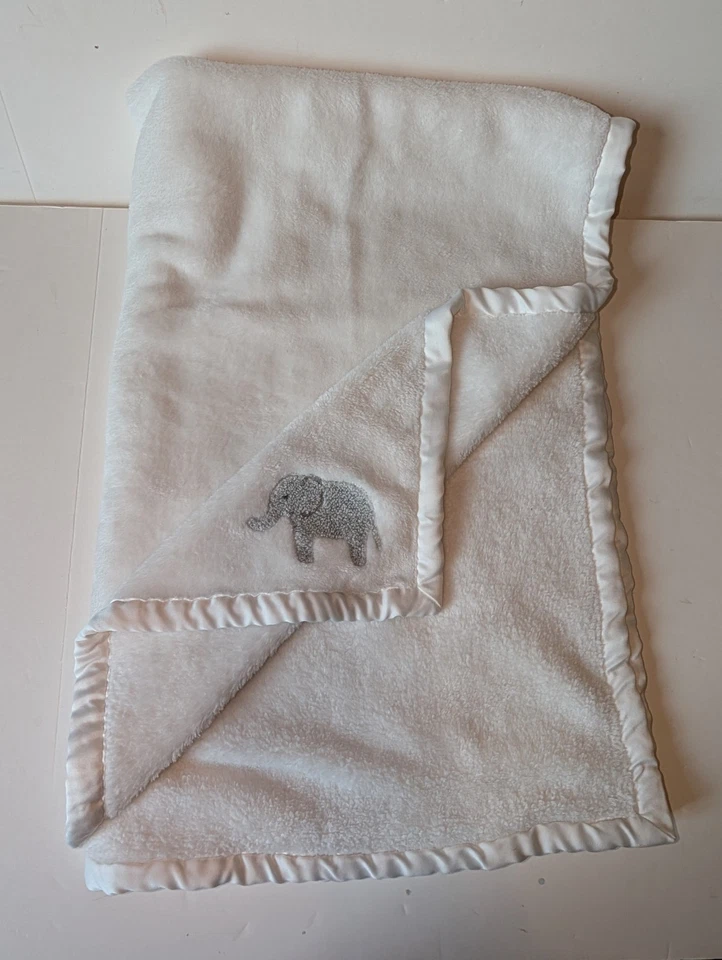 Carter's OS White Baby Blanket Satin Trim Embroidered Gray Elephant Soft Fleece  - Image 2 of 4