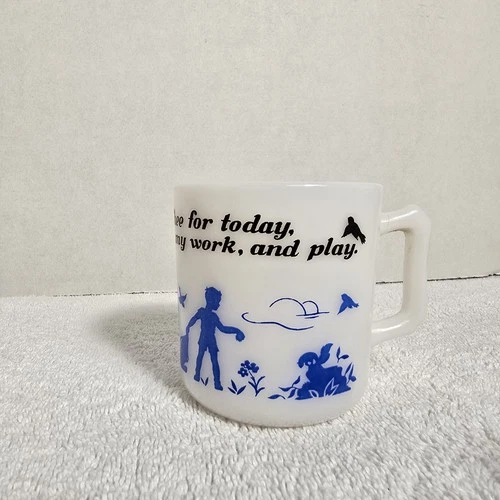 Fire King Vintage Child’s Prayer Mug White Milk Glass Blue Print Anchor Hocking