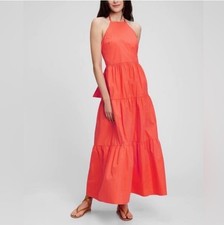 GAP Halter Dress Melon-Red Bright -Coral Tie-Back Tiered Sundress Size 4 Womens