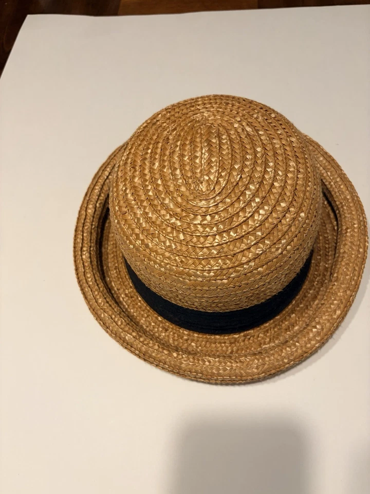 Sombrero de bombín de paja tejido tostado 21 en banda de grosgrain negro estilo vintage Foto 3 de 4