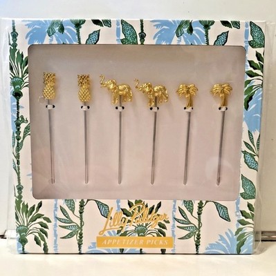 Lilly Pulitzer Appetizer Picks Set of 6 Pineapple Elephant Palm Tree Gold Finish