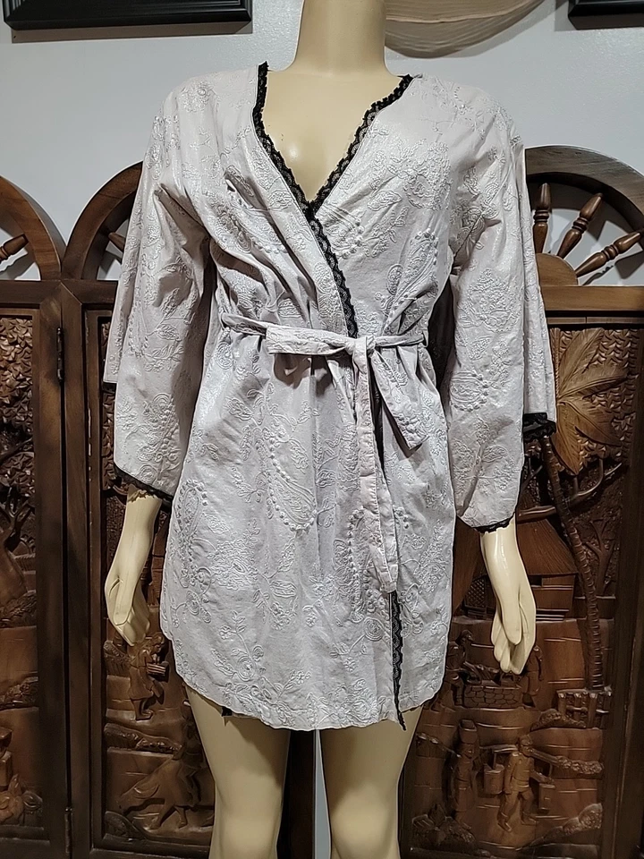 Josie Natori cotton XS kimono robe gray embroidery paisley Lace Trim Belted #CB2 - Image 2 of 4