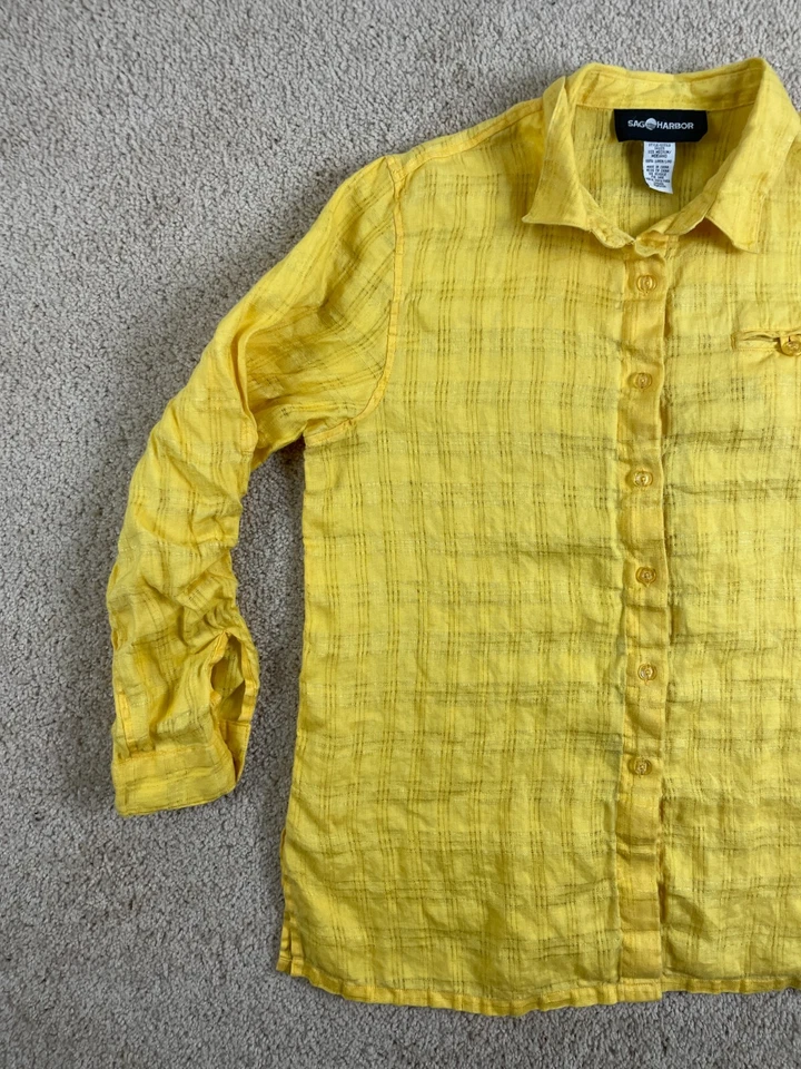 Camisa con botones Sag Harbor para hombre mediana de lino con cuello bolsillos puño a cuadros amarilla Foto 3 de 4