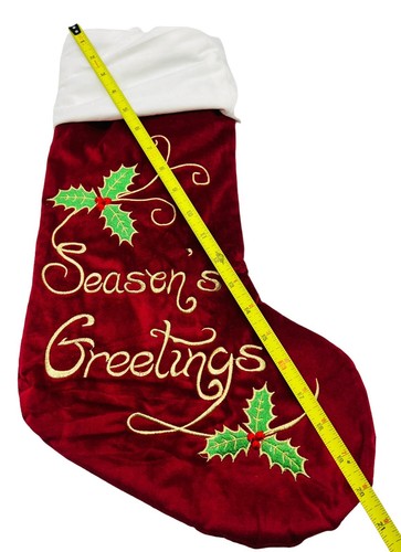 Seasons Greetings Christmas Stocking Red 20 inch Lined Velour - Picture 6 of 6