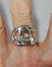 Prasiolite Green Amethyst Teardrop Ring Wide Band 925 Sterling Silver Size 9.25