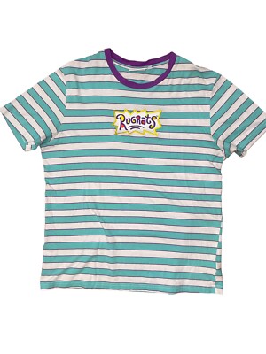 Rugrats Nickelodeon Adult T-shirt Logo Blue Turquoise White Stripes Size Large