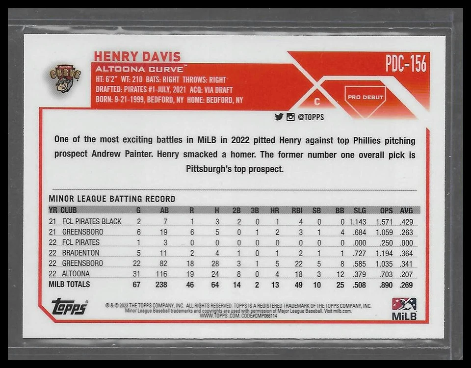 2023 Topps Pro Debut Chrome #PDC-156 Henry Davis Altoona Curve - Image 2 of 2