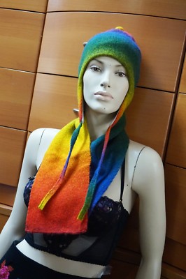 MERINO WOOL BEANIE HAT SCARF SET RAINBOW COTTON LINED HAT  display picture 1