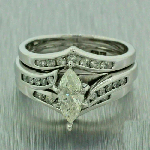 Vintage 2.28ct White Marquise Cut CZ Engagement Bridal Ring Set 925 Silver