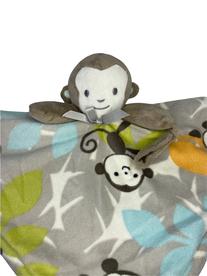 Blankets & Beyond Monkey 灰色羊毛毛绒 Lovey 安全毯 蓝绿色 — 第 2/4 张图片