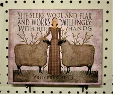Proverbs 31:13 Woman Sheep Wool Flax Folk Art Print on 8 X 10 Stretched Canvas