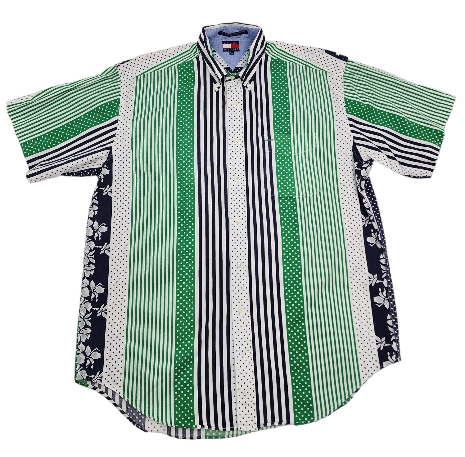 Tommy Hilfiger Polka Dot Striped Button Up Short Sleeve Floral Shirt Mens L VTG