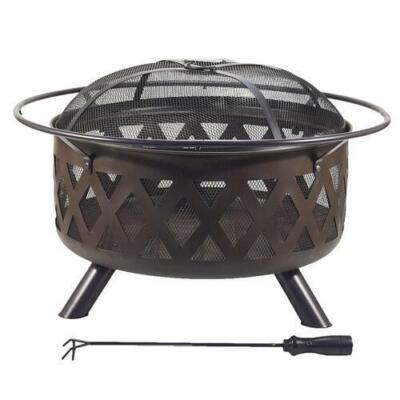 Outdoor 30'' Diamante Steel Fire Pit with Spark Guard Screen & Poker Lifter