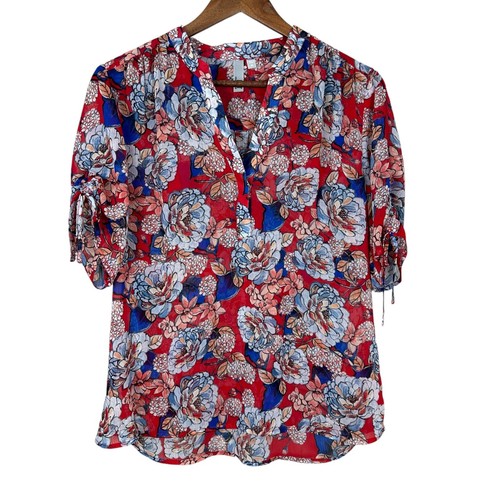 Kut from the Kloth Blouse Top Womens Medium Red Floral Sheer Chiffon V-Neck Tie - Picture 10 of 10
