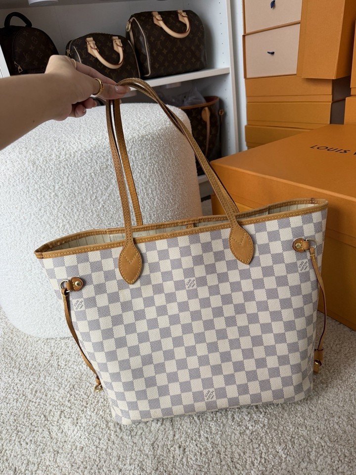 Louis Vuitton Neverfull Damier Azur Canvas Tote White Grey Gold Bag Insert