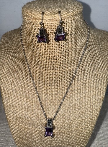 Judith Jack Sterling Silver 925 Marcasite & Amethyst Necklace Earrings SET JJ