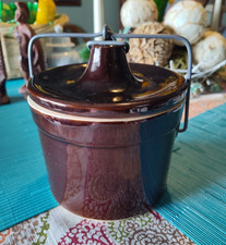 Brown Ceramic Canister w/ Lid Metal Wire Bail Handle 40 oz USA Model E51031
