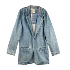 INTERNATIONAL MALE Vintage Denim Blazer Jacket Mens XL Blue Plaid Lined Casual