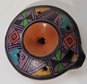 Handpainted Fired Clay OCARINA Geometric Pattern Whistle Flute Handcrafted