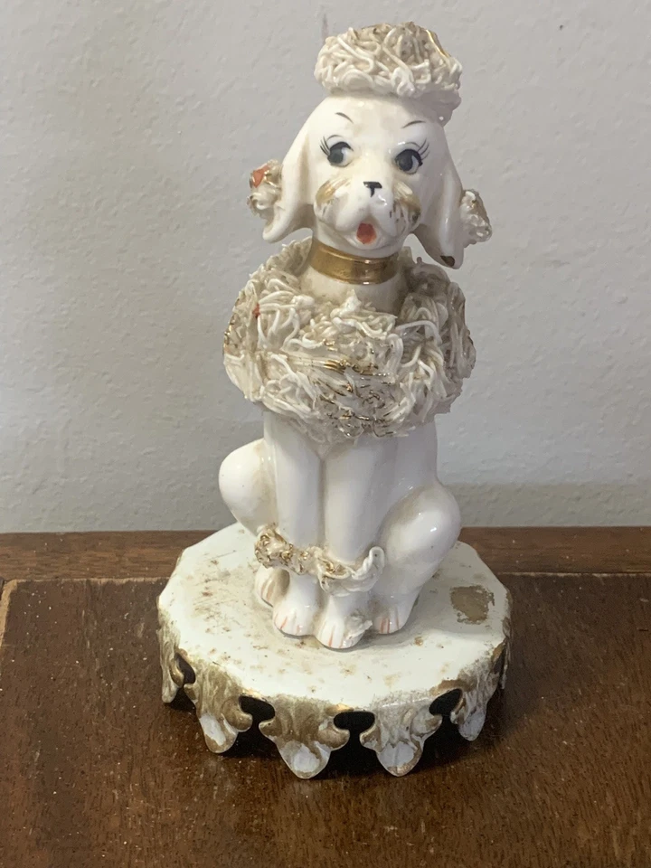 Lámpara de mesa caniche de espagueti de porcelana MCM de colección de los años 50 luz nocturna aseguradora Foto 2 de 4