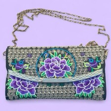 Embroidered Floral Clutch Bag Purple Gold Chain Strap Boho Evening Crossbody