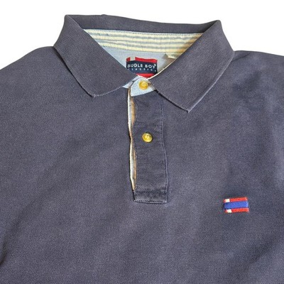 Bugle Boy Polo Shirt Mens Large Navy Blue Short Sleeve Cotton Pique Vintage Flaw