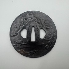 Okamoto Tomotsugu  Japanese Iron Tsuba Pagoda Landscape Choshu Hagi