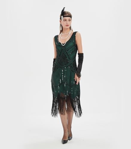 1920S Women Flapper Dress V Neck Sequin Bead Fringed Dress Large Green - Picture 5 of 7