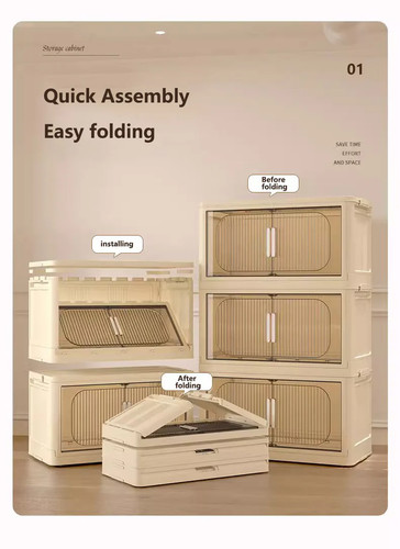 Side Wide Folding Plastic Storage Cabinet 3-Tier Magnetic Door Wheels - Picture 10 of 22