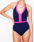 Boden IOS V Swimsuit Navy Blue Pink Size 10 Tummy Control Padded Halter Neck New
