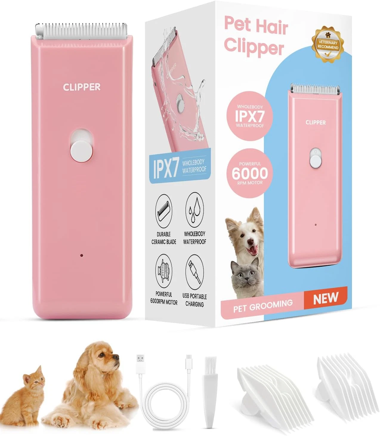 Pet Clippers for Dog Hair Grooming Low Noise, Rechargeable Cordless Cat Shaver w