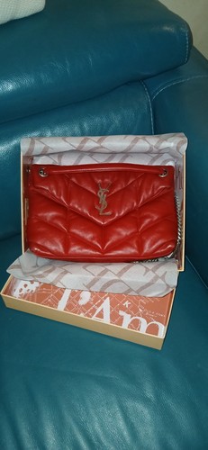 YSL  RED  PUFFER LOULOU  QUILTED LAMB LEATHER FLAP SILVER CHAIN