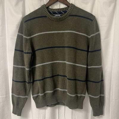 Lands End Drifter Sweater Men s M Green Striped 100% Cotton Cottage core Dad