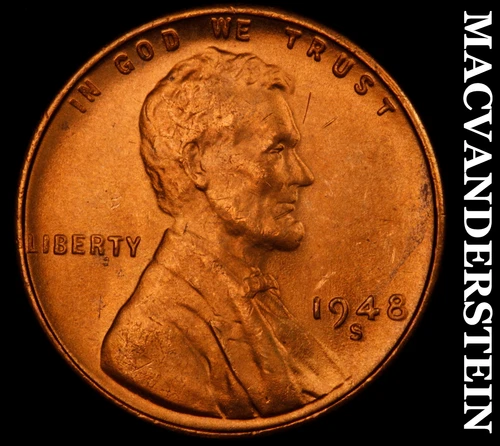 1948-S Lincoln Wheat Cent- Red- Choice Gem Brilliant Unc++++ Luster #J3658