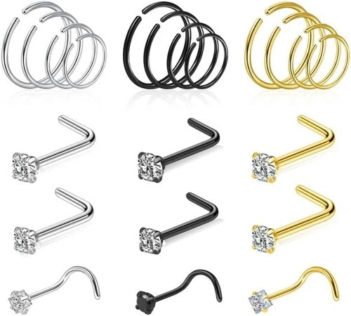 jagosen 21 Pcs Hoop Nose Rings Surgical Steel Black/Gold/Sliver  - product listing photo