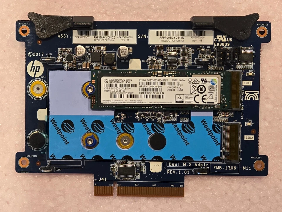 HP Z8 G4 933576-001/864764-003 PCIe Dual M.2 NVMe Adapter card w/512GB installed - Image 3 of 4