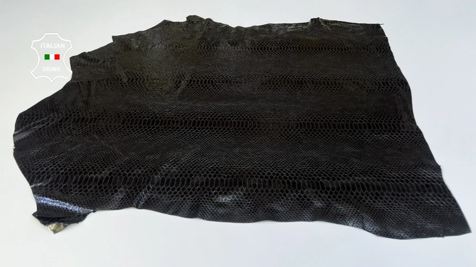 BLACK SHINY SNAKE PRINT ON Thin Soft Lambskin leather 2 skins 10+sqf 0.6mm B5021 - Image 2 of 4