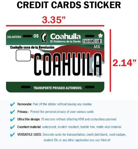 Coahuila Tarjeta de Crédito Recubrimiento Cubierta Vinilo Pegatinas (Paquete de 4) Calcomanía Mexicana COAH - Imagen 3 de 4