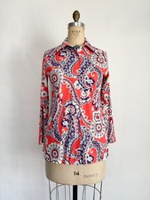 Fresh Vintage 1970s 70 Paisley Print Slinky Nylon Button Up Shirt Top M L
