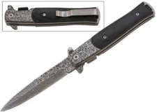 Black DAMASCUS Stiletto Black Blade Pocket Knife Assisted Open  Opening 
